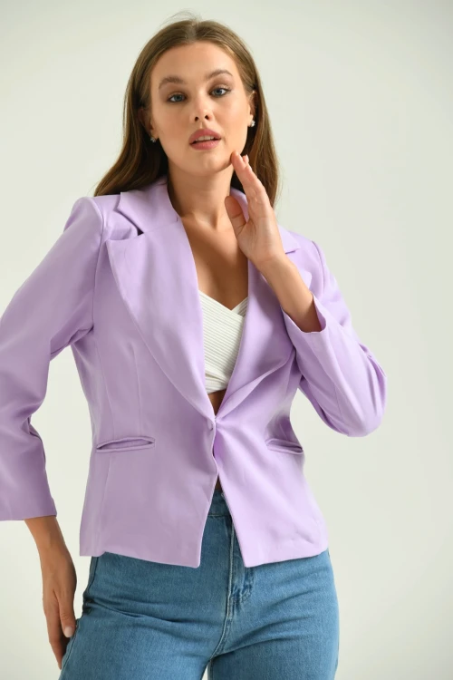 Kadın Blazer Ceket Bel Boy Vatkalı Tek Düğmeli Blazer Lila - T026