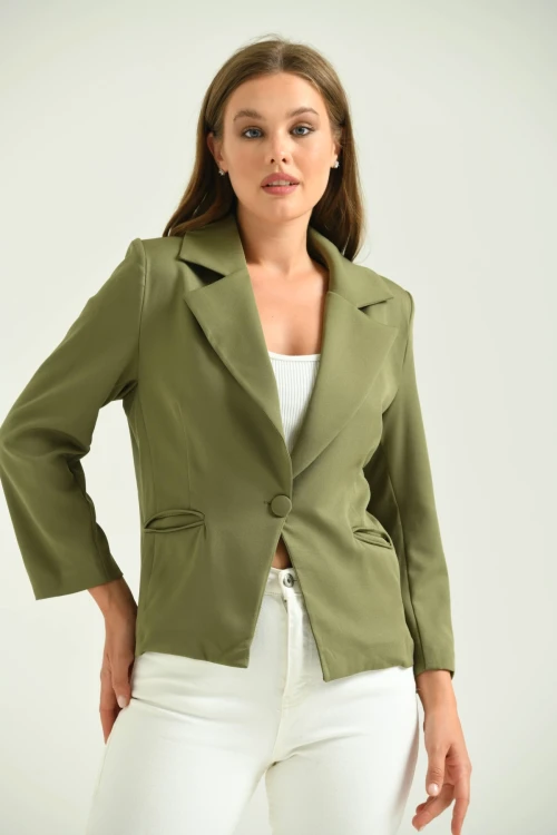 Kadın Blazer Ceket Bel Boy Vatkalı Tek Düğmeli Blazer Haki - T026