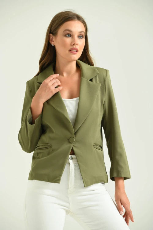 Kadın Blazer Ceket Bel Boy Vatkalı Tek Düğmeli Blazer Haki - T026