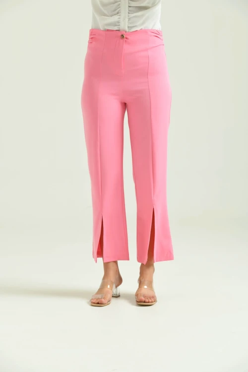 Kadın Pantolon Yan Büzgülü Paça Yırtmaçlı Kumaş Pantolon Pembe - T033