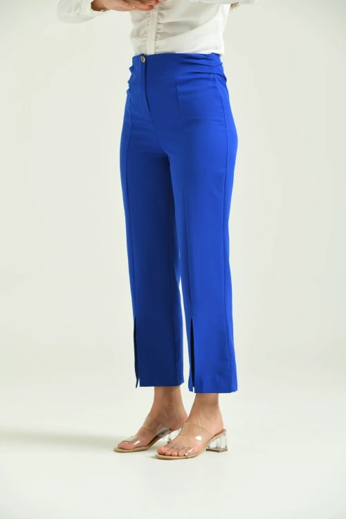 Kadın Pantolon Yan Büzgülü Paça Yırtmaçlı Kumaş Pantolon Saks - T033