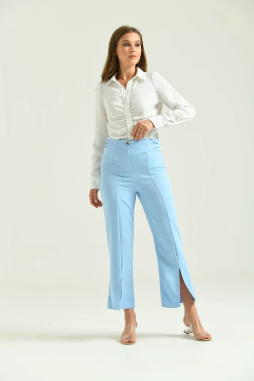 Kadın Pantolon Yan Büzgülü Paça Yırtmaçlı Kumaş Pantolon Mavi - T033