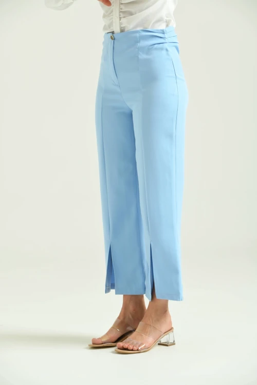 Kadın Pantolon Yan Büzgülü Paça Yırtmaçlı Kumaş Pantolon Mavi - T033