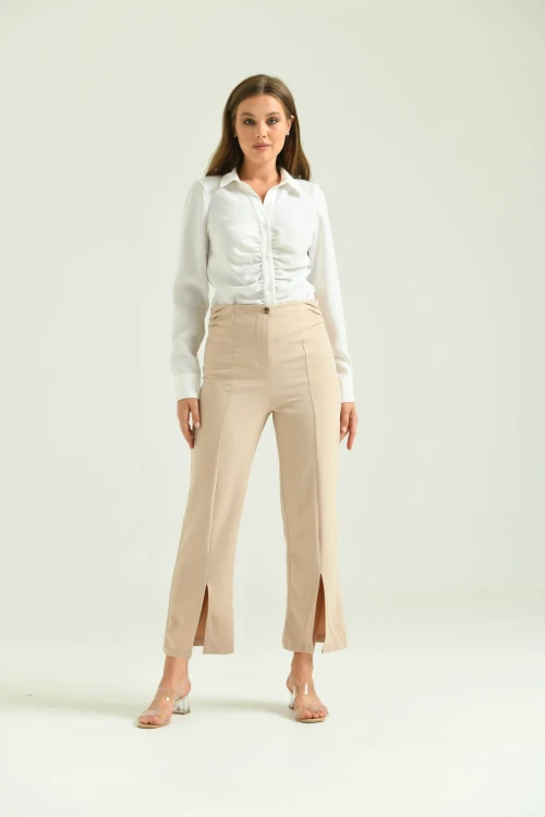 Kadın Pantolon Yan Büzgülü Paça Yırtmaçlı Kumaş Pantolon Taş - T033