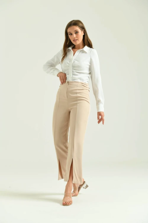 Kadın Pantolon Yan Büzgülü Paça Yırtmaçlı Kumaş Pantolon Taş - T033