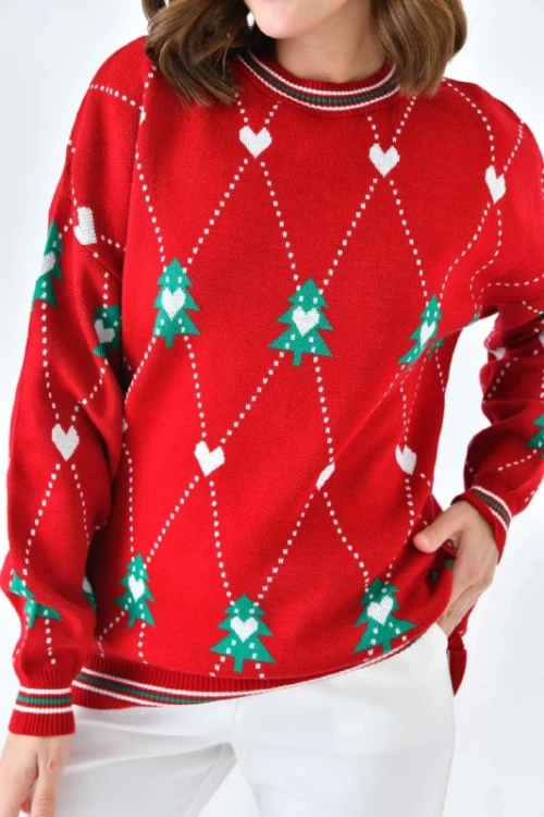 Kadın Kazak Yılbaşı Desenli Tunik Kazak Kırmızı - 224543