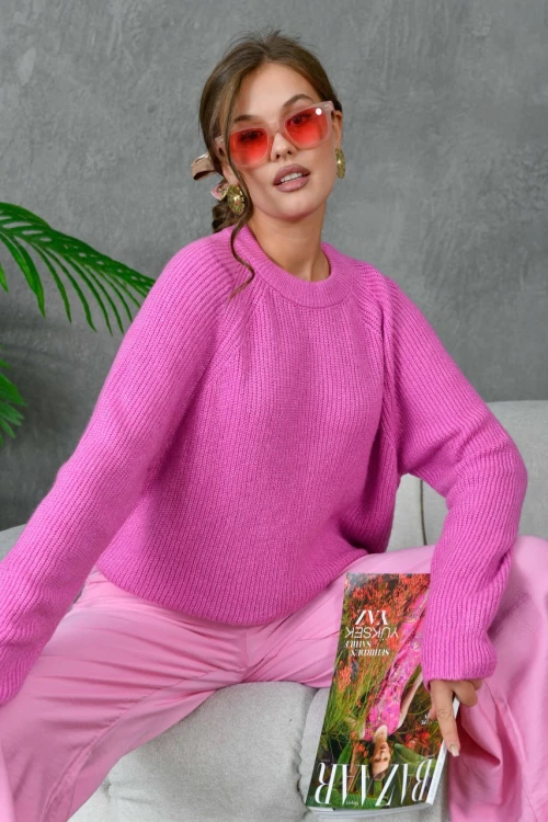 Kadın Kazak Bisiklet Yaka Kazak Gül - 7559