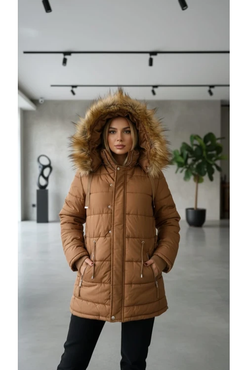 Kadın Çıkarılabilen Kürklü Kapşonlu Taba Şişme Mont M011