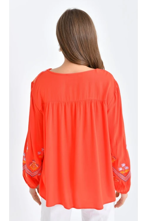 Kadın Bluz Omuz ve Kolları İşlemeli Büzgülü Kadın Bluz Nar - 33035