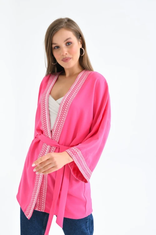 Kadın Kimono Yaka Desenli Kimono Kadın Ceket Fuşya - 23126