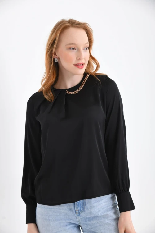 Kadın Gömlek Yakası Gold Zincir Detaylı Kadın Gömlek Siyah - 22029