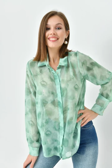 Uzun Kol Desenli Şifon Gömlek