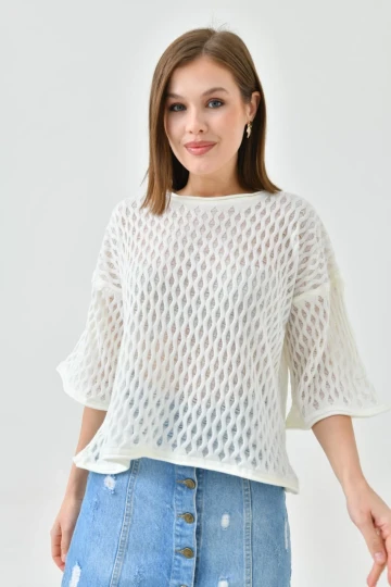 Kadın Kazak Bisiklet Yaka Kısa Kollu Delikli Desenli Kadın Kazak Kemik - 10720