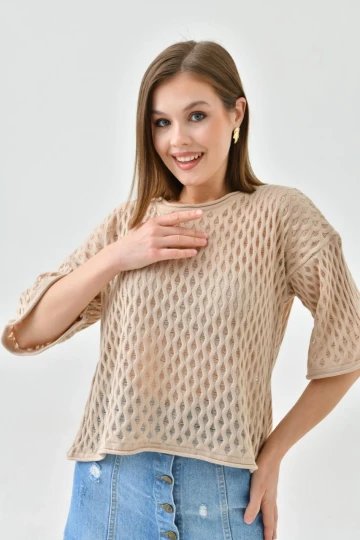 Kadın Kazak Bisiklet Yaka Kısa Kollu Delikli Desenli Kadın Kazak Camel - 10720