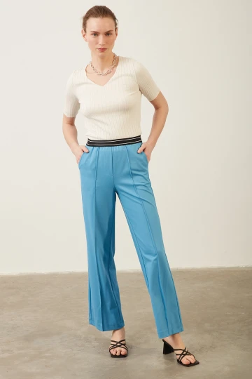 Kadın Pantolon Beli Lastikli Geniş Paça Pantolon Mavi - E044
