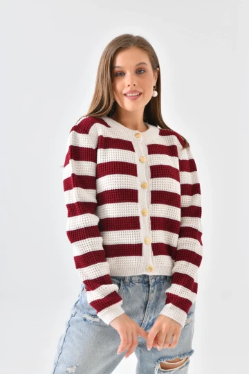 IKADIN YAKASIZ DÜĞME DETAYLI BEL KOL LASTİKLİ ÖRME CEKET