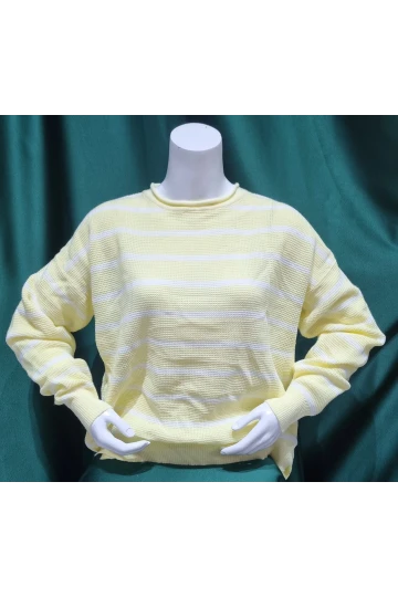 KADIN A.SARI BİSİKLET YAKA ÇİZGİLİ BEL KOL LASTİKLİ KAZAK