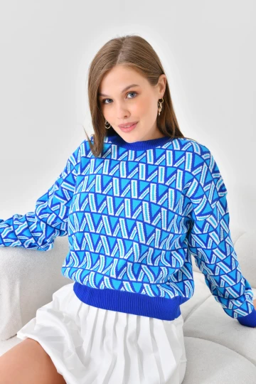 Kadın Kazak Bisiklet Yaka Desenli Kadın Kazak Saks - 224503