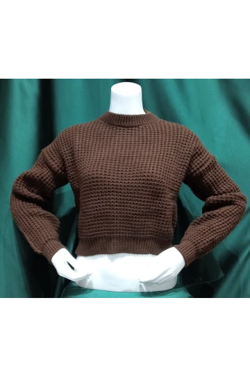 Kadın Kazak Bisiklet Yaka Tek Renk Örme Kazak Kahve - 225004