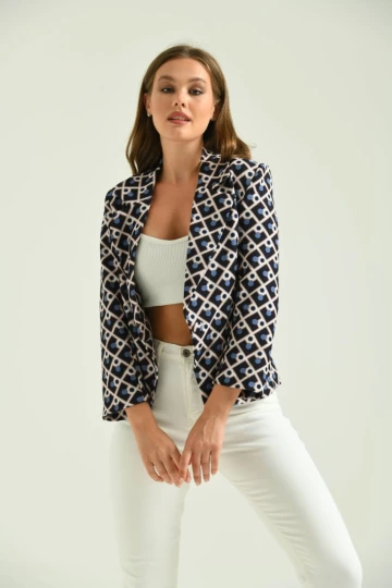 Kadın Blazer Desenli Bel Boy Blazer Ceket Bej - T027