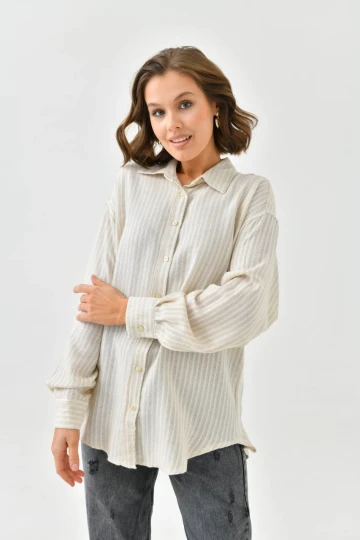 Kadın Gömlek Ön Arka Düğmeli Fosforlu Model Kadın Gömlek Bej-Sarı - 23065