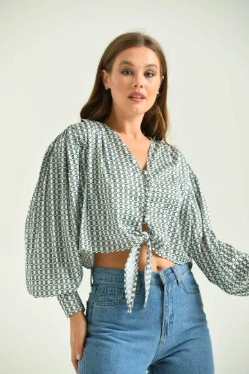 Kadın Gömlek Düğmeli Belden Bağlamalı Saten Gömlek Yeşil - T029