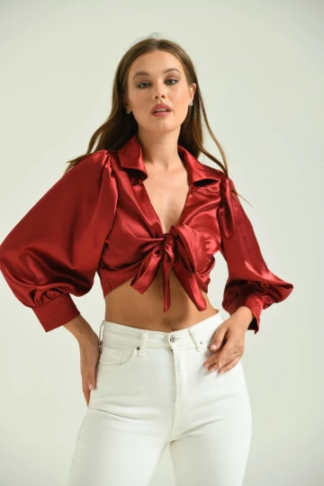 Kadın Saten Gömlek Önden Bağlamalı Vatkalı Crop Saten Gömlek Bordo - T092