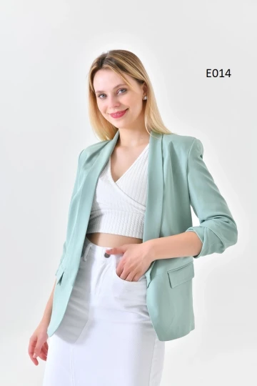 Kadın Blazer Ceket Tasarım Kol Büzgülü Çizgi Desenli Çağla Renk - E014