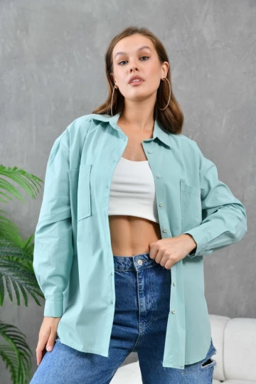 Kadın Gömlek Çift Cepli Uzun Kollu Gömlek Çağla Yeşili - 21012