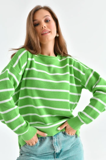 KADIN E.YEŞİLİ BİSİKLET YAKA ÇİZGİLİ BEL KOL LASTİKLİ KAZAK