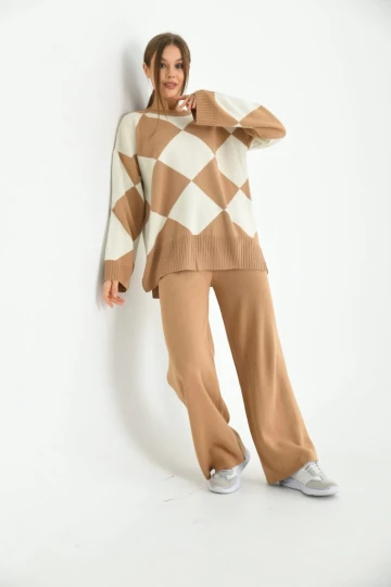 KADIN CAMEL DESENLİ PANTOLONLU TAKIM