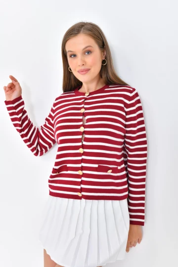 10334 KADIN BORDO YAKASIZ CEP VE DÜĞME DETAYLI ÖRME CEKET