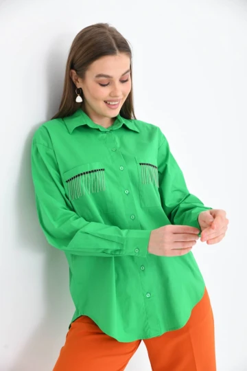 Kadın Yeşil Cep Zincir Süslemeli Çift Cep Detaylı Gömlek