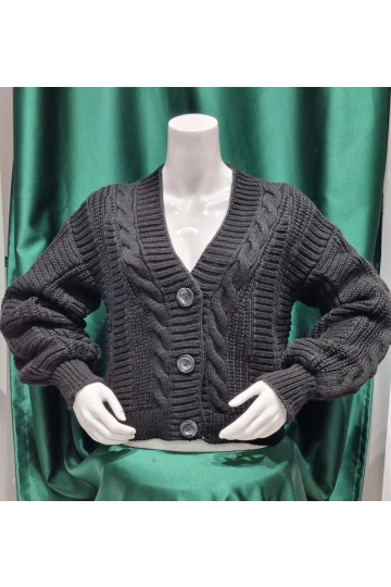 KADIN SİYAH V YAKA DÜĞMELİ DESENLİ KISA  TRİKO CEKET