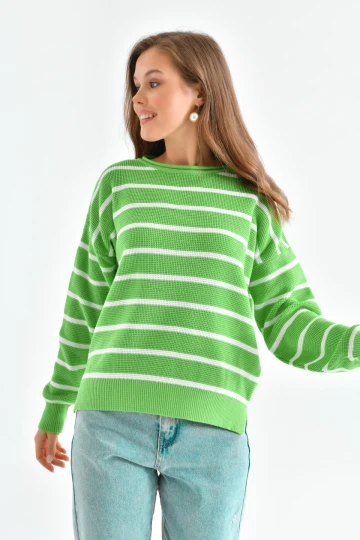 KADIN FUŞYA BİSİKLET YAKA ÇİZGİLİ BEL KOL LASTİKLİ KAZAK