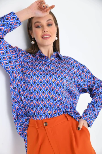 Kadın Gömlek Uzun Kollu Desenli Saten Gömlek Saks - 23005