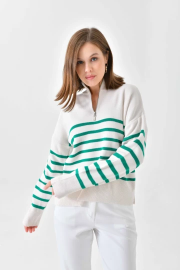 10341 KADIN YEŞİL YAKALI FERMUARLI ÇİZGİLİ DESENLİ  KAZAK