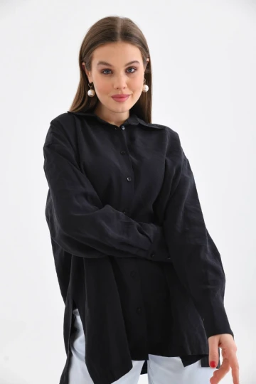 Şık Kadın Yan Yırtmaçlı Cepsiz Gömlek Siyah - 23027
