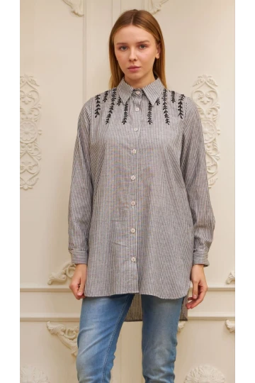 KADIN GRİ OMUZ İŞLEMELİ UZUN GÖMLEK