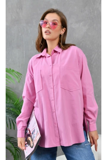 Kadın Gömlek Çift Cepli Uzun Kollu Gömlek Gül - 21012