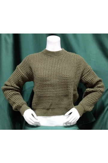 Kadın Kazak Bisiklet Yaka Tek Renk Örme Kazak Haki - 225004