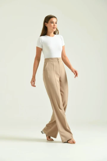 Kadın Pantolon Geniş Paça Likralı Cepli Düğmeli Kadın Pantolon Kahve - T019