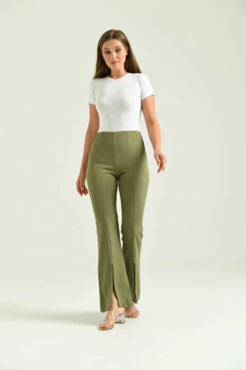 Kadın Pantolon  Paça Detaylı Toparlayıcı Yüksel Bel Kumaş Pantolon Haki - T111