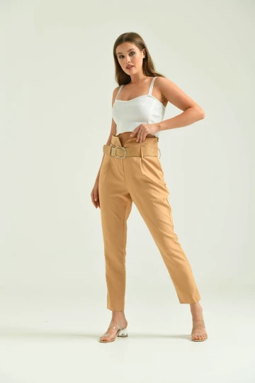 Kadın Pantolon Yüksel Bel Kemer Detay Havuç Pantolon Kahve - T016