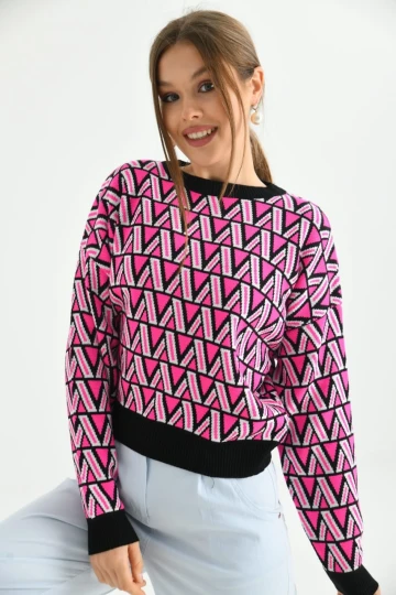 Kadın Kazak Bisiklet Yaka Desenli Kadın Kazak Siyah - 224503