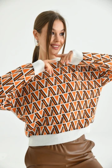 Kadın Kazak Bisiklet Yaka Desenli Kadın Kazak Kemik - 224503