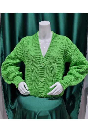 KADIN B.YEŞİL V YAKA DÜĞMELİ DESENLİ KISA  TRİKO CEKET