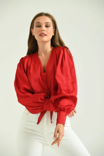 Kadın Gömlek Balon Kol Belden Bağlamalı Kadın Gömlek Kırmızı - T030