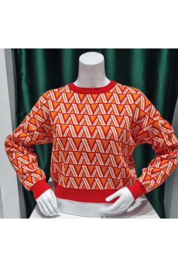 Kadın Kazak Bisiklet Yaka Desenli Kadın Kazak Kırmızı - 224503