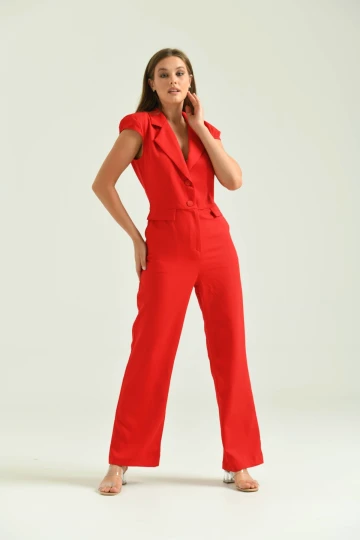 Kadın Tulum Elbise Ceket Yaka Kumaş Tulum Elbise Kırmızı - T106